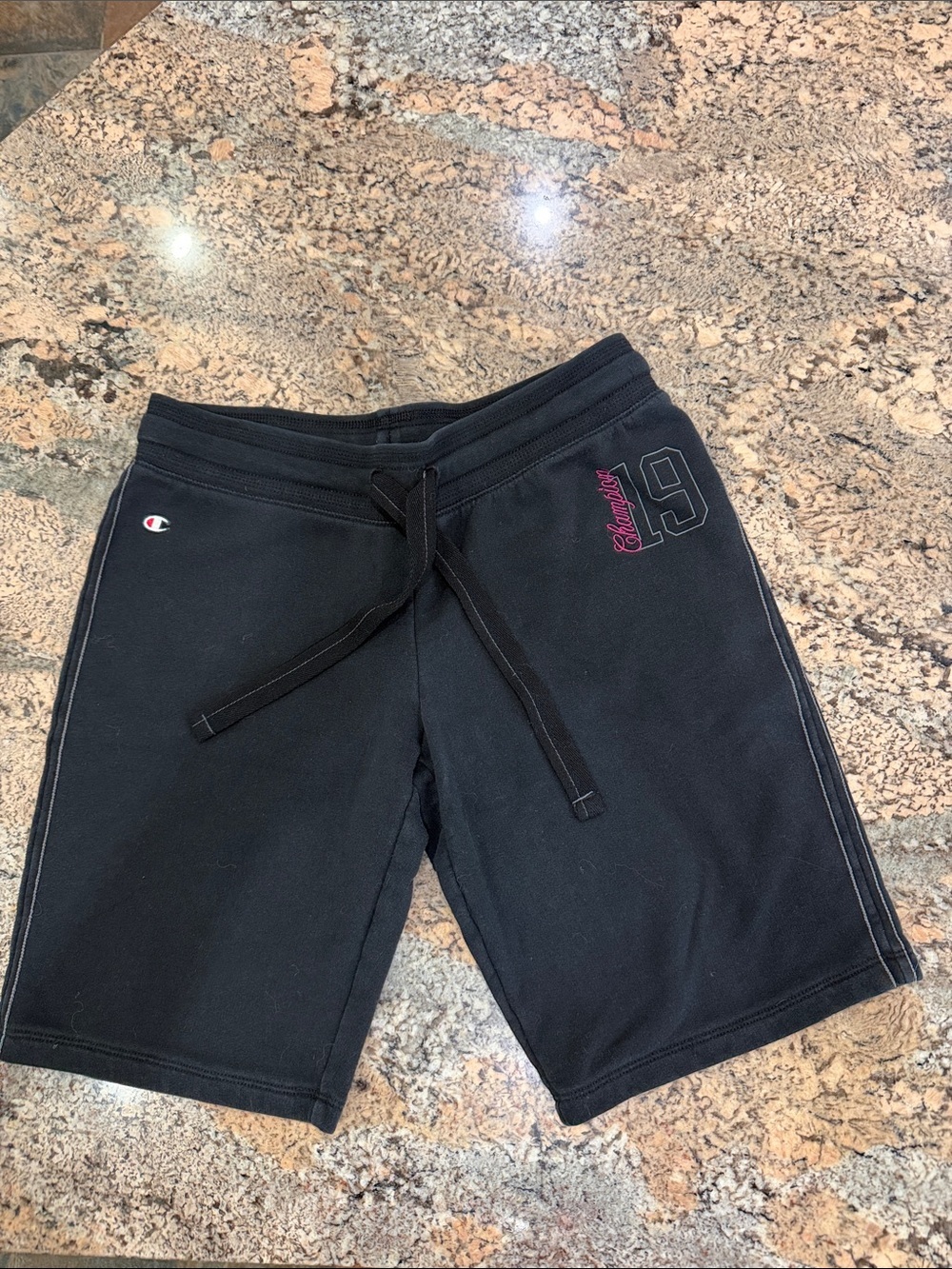 Champion Black Drawstring Athletic Shorts with Embroidered '9' and Script
